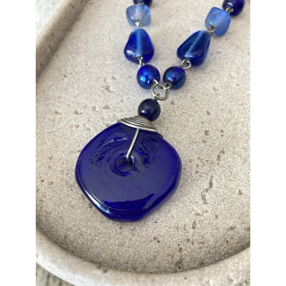 Cobalt Blue Glass Pendant Necklace Purple Beaded‎ Boho Silver Tone Artsy Artisan
